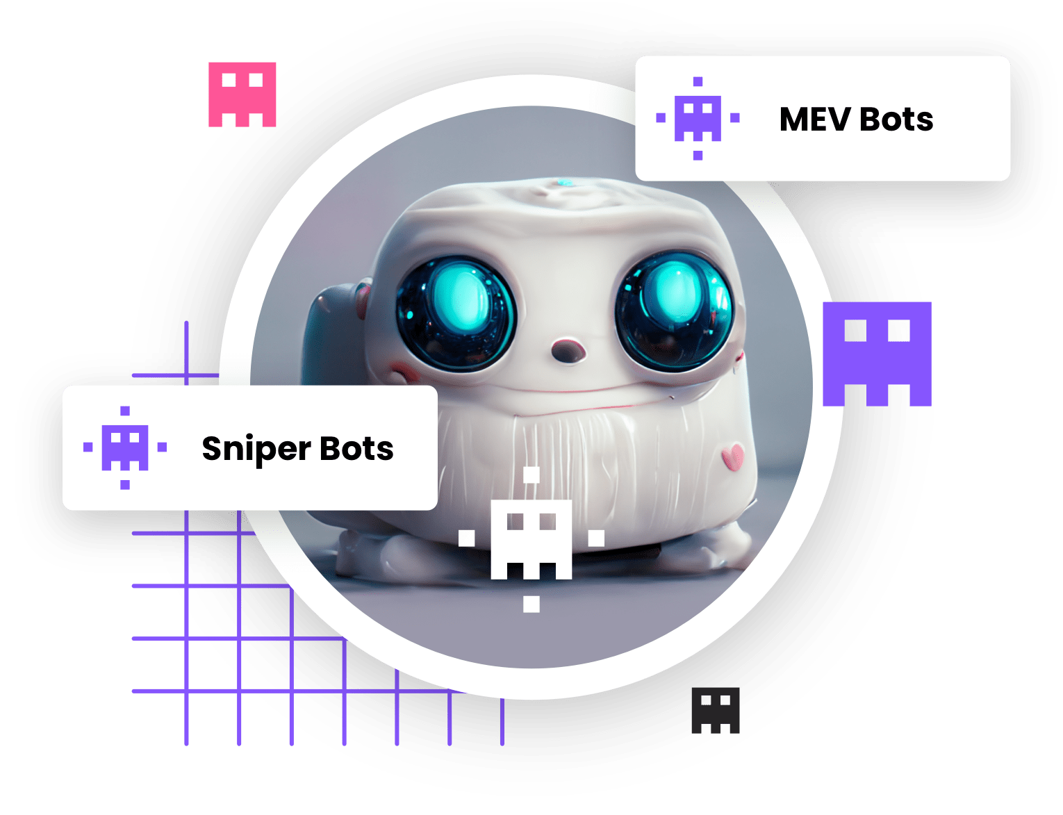 Иллюстрация робота с большими глазами на абстрактном фоне с пиксельными иконками и подписями, обозначающими различные типы ботов, включая MEV ботов и снайперских ботов в контексте криптовалют или автоматизированных торговых систем.